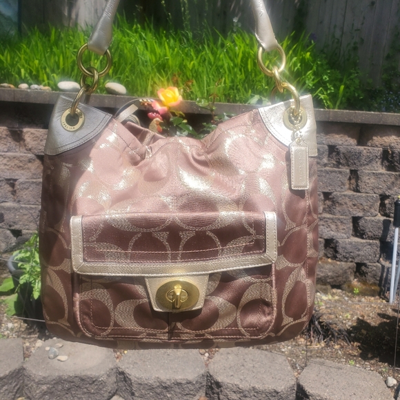 Coach Handbags - Coach Hampton brown and gold sparkling C shoulder bag with blue satin interior